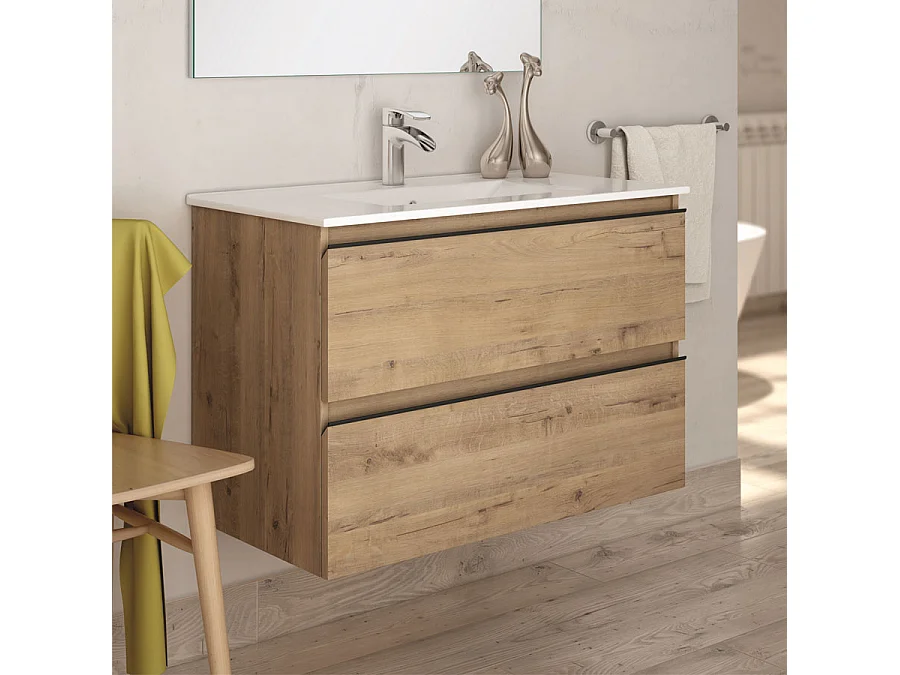 Meuble de salle de bain 80cm simple vasque - 2 tiroirs - sans miroir - TOURA - Roble (chêne clair)