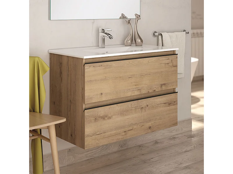 Meuble de salle de bain 80cm simple vasque - 2 tiroirs - sans miroir - TOURA - Roble (chêne clair)