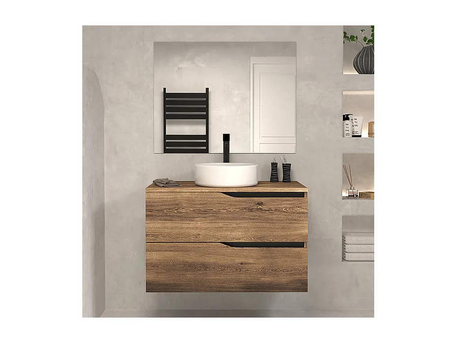 Meuble de salle de bain 90cm avec plateau et vasque à poser - 2 tiroirs - tabaco (chêne foncé) - LUNA