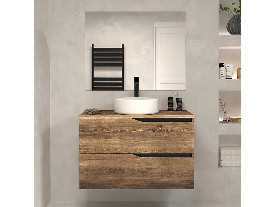 Meuble de salle de bain 90cm avec plateau et vasque à poser - 2 tiroirs - tabaco (chêne foncé) - LUNA
