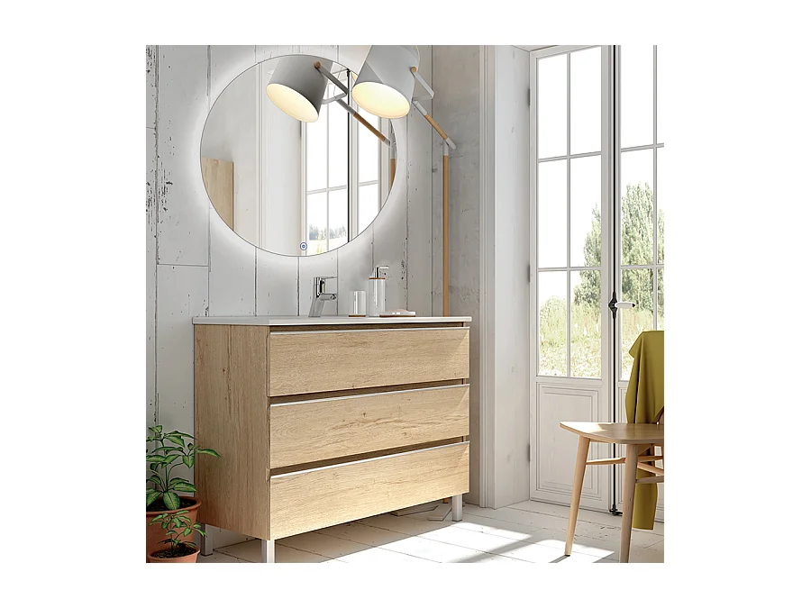 Meuble de salle de bain simple vasque - 3 tiroirs - PALMA et miroir rond Led SOLEN - bambou (chêne clair) - 60cm
