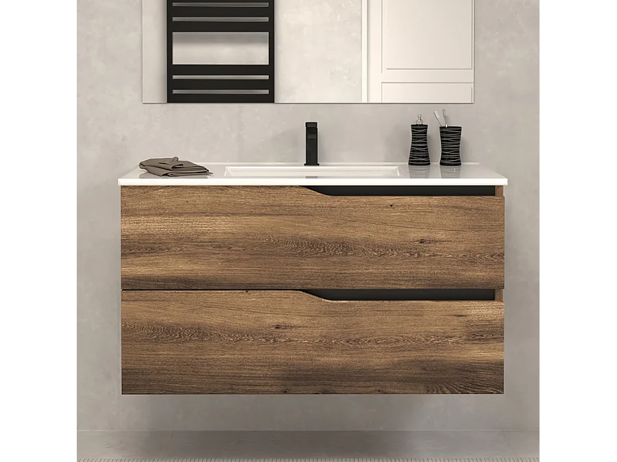 Meuble de salle de bain 90cm simple vasque - 2 tiroirs - sans miroir - tabacco (chêne foncé) - LUNA