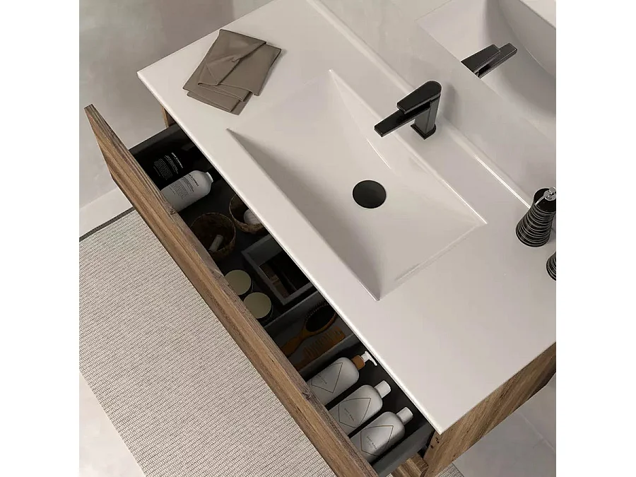 Meuble de salle de bain 90cm simple vasque - 2 tiroirs - sans miroir - tabacco (chêne foncé) - LUNA