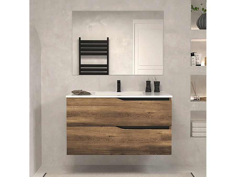 Meuble de salle de bain 90cm simple vasque - 2 tiroirs - sans miroir - tabacco (chêne foncé) - LUNA