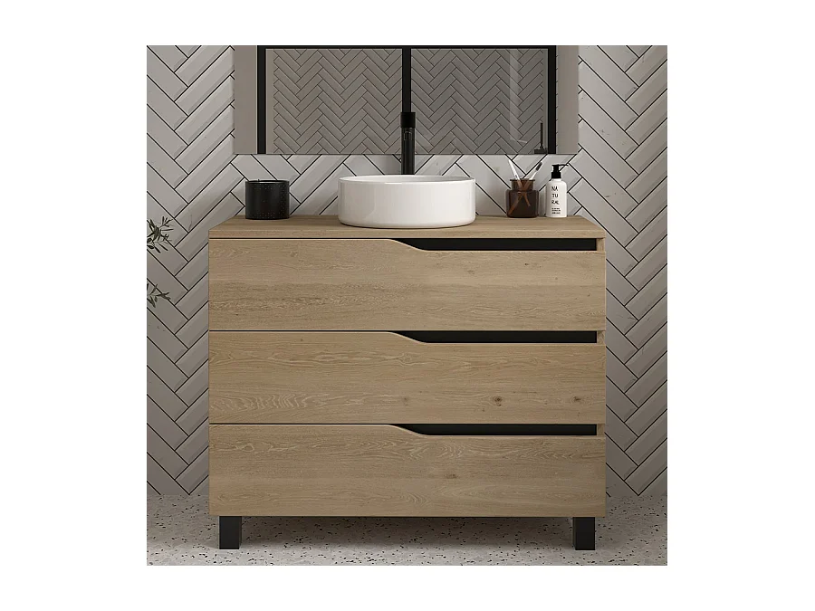 Meuble de salle de bain 100 avec plateau et vasque à poser - sans miroir - 3 tiroirs - madera miel (bois clair) - MATA