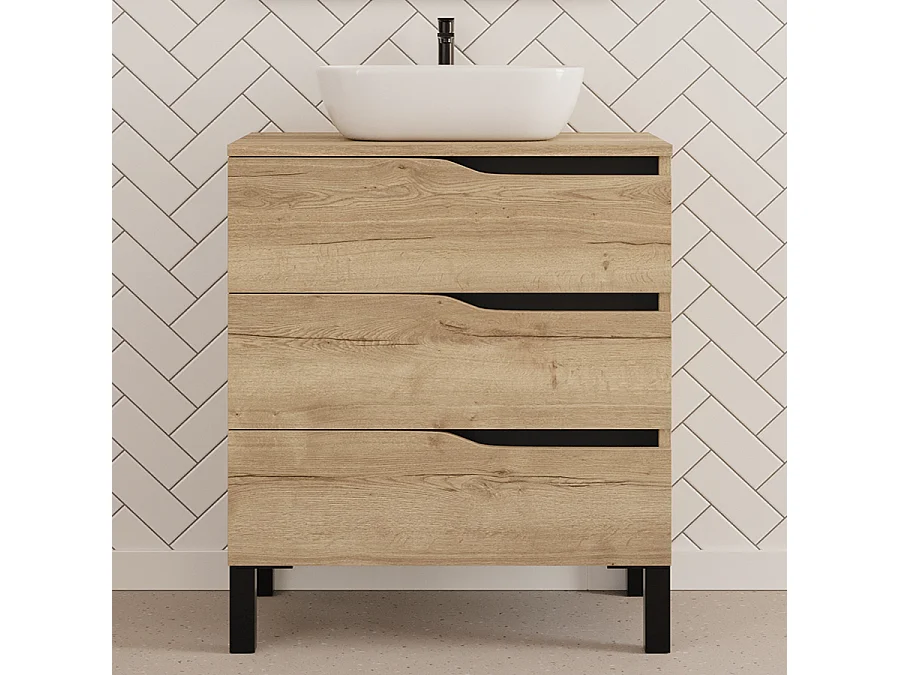Meuble de salle de bain 70cm avec plateau et vasque à poser zeus - 3 tiroirs - sans miroir - madera miel (chêne clair) - MATA