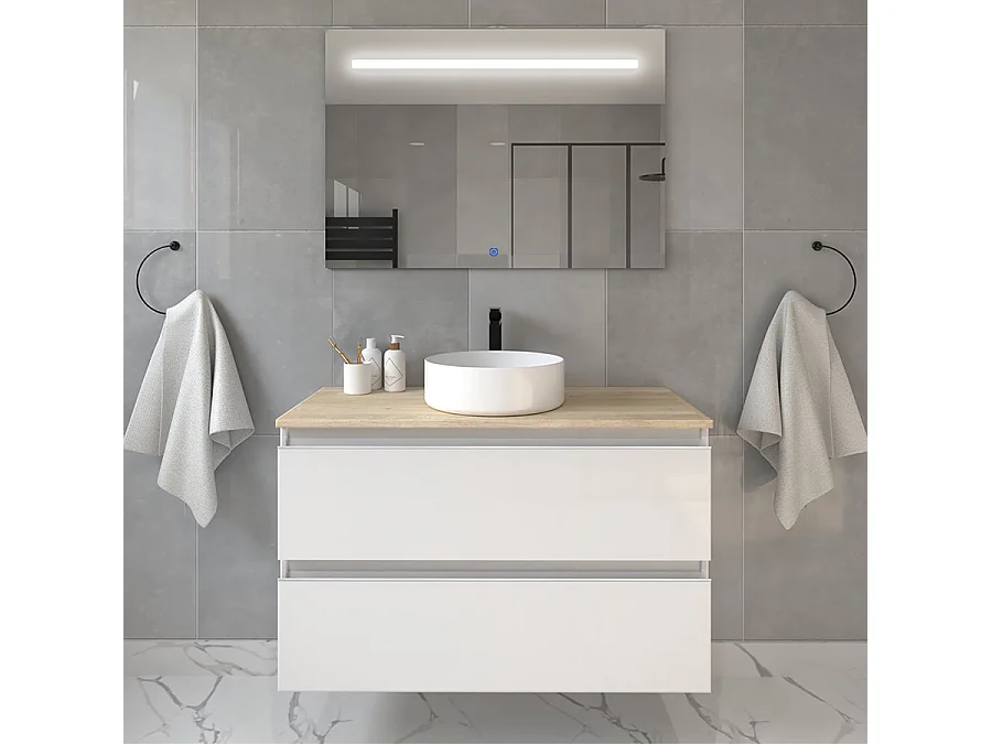 Meuble de salle de bain avec vasque à poser ronde BALEA et miroir Led STAM - Blanc - 70cm