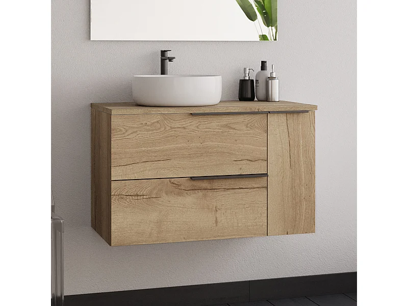 Meuble de salle de bain 80cm avec vasque à poser déportée ronde - sans miroir - roble (chêne clair) - KING