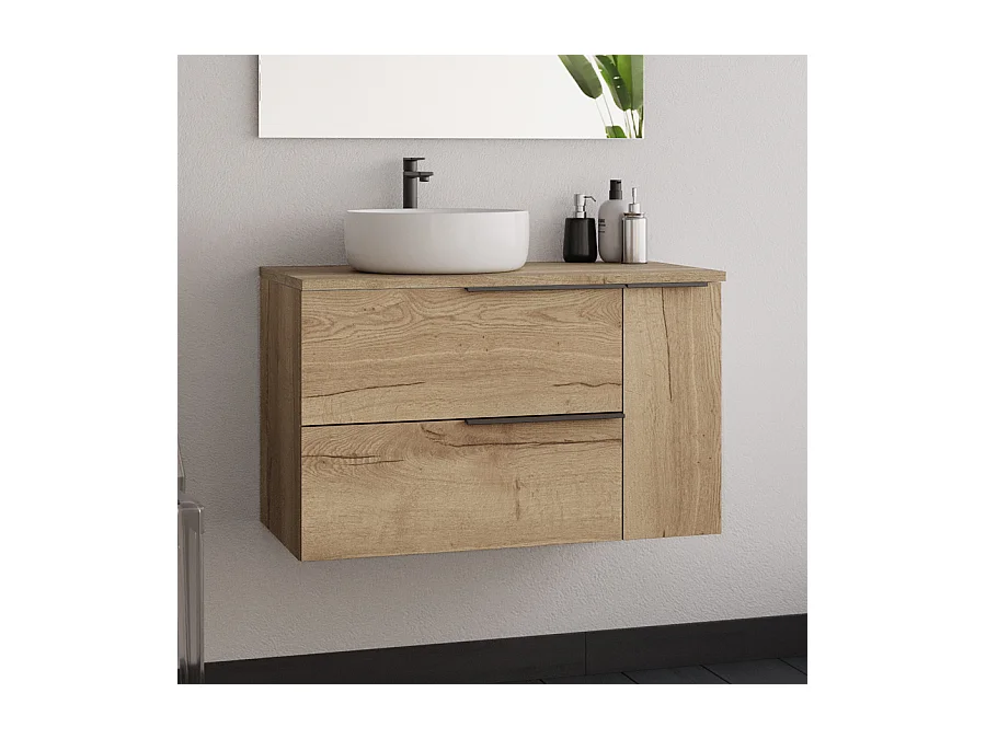 Meuble de salle de bain 80cm avec vasque à poser déportée ronde - sans miroir - roble (chêne clair) - KING