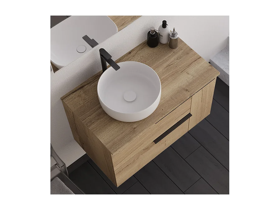 Meuble de salle de bain 80cm avec vasque à poser déportée ronde - sans miroir - roble (chêne clair) - KING