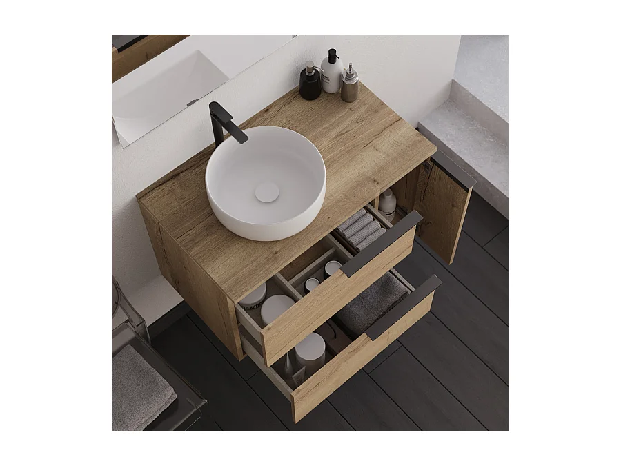 Meuble de salle de bain 80cm avec vasque à poser déportée ronde - sans miroir - roble (chêne clair) - KING