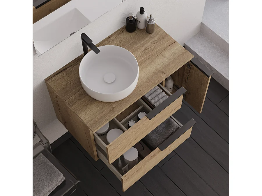 Meuble de salle de bain 80cm avec vasque à poser déportée ronde - sans miroir - roble (chêne clair) - KING