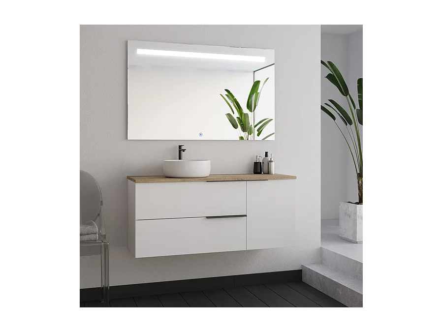 Meuble de salle de bain 100cm avec vasque à poser ronde - blanc - KING et miroir Led STAM