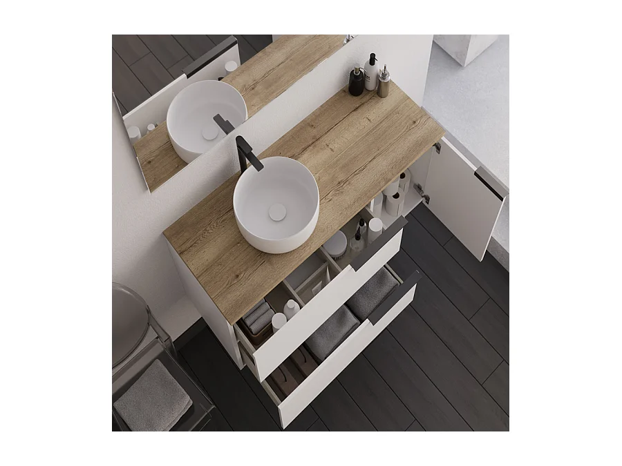 Meuble de salle de bain 100cm avec vasque à poser ronde - blanc - KING et miroir Led STAM