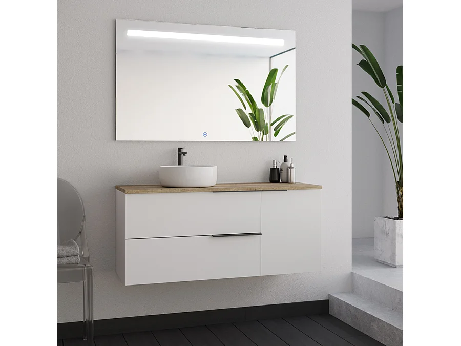 Meuble de salle de bain 100cm avec vasque à poser ronde - blanc - KING et miroir Led STAM