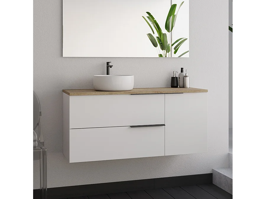 Meuble de salle de bain 100cm avec vasque à poser ronde - blanc - KING et miroir Led STAM