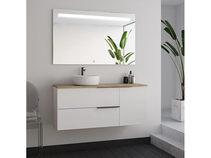 Meuble de salle de bain 100cm avec vasque à poser ronde - blanc - KING et miroir Led STAM