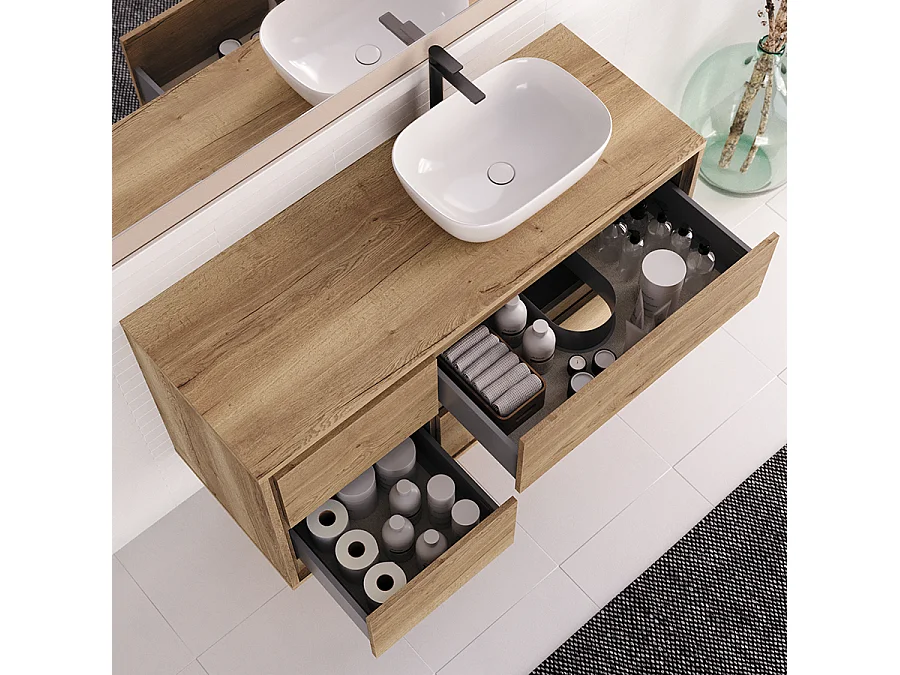 Meuble de salle de bain 120cm avec vasque à poser arrondie - 4 tiroirs - sans miroir - roble sanctuary (chêne clair) - ETIO