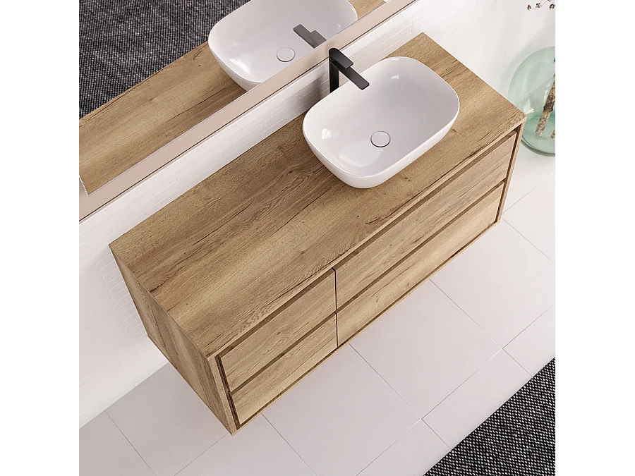 Meuble de salle de bain 120cm avec vasque à poser arrondie - 4 tiroirs - sans miroir - roble sanctuary (chêne clair) - ETIO