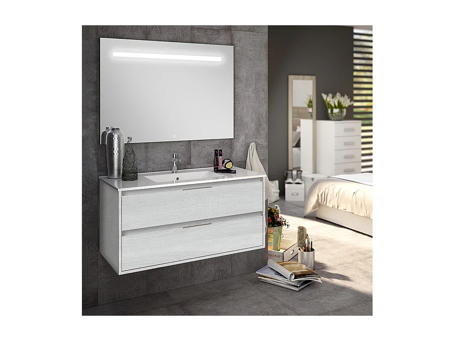 Meuble de salle de bain simple vasque - 2 tiroirs - IRIS et miroir Led STAM - hibernian (bois blanchi) - 100cm