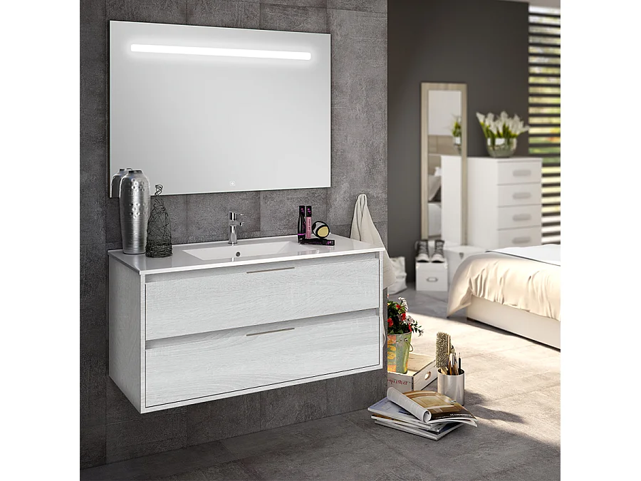 Meuble de salle de bain simple vasque - 2 tiroirs - IRIS et miroir Led STAM - hibernian (bois blanchi) - 100cm