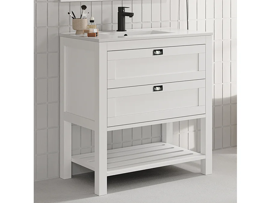 Meuble de salle de bain 80 cm simple vasque - pin massif - 2 tiroirs - sans miroir - PYLA - blanc