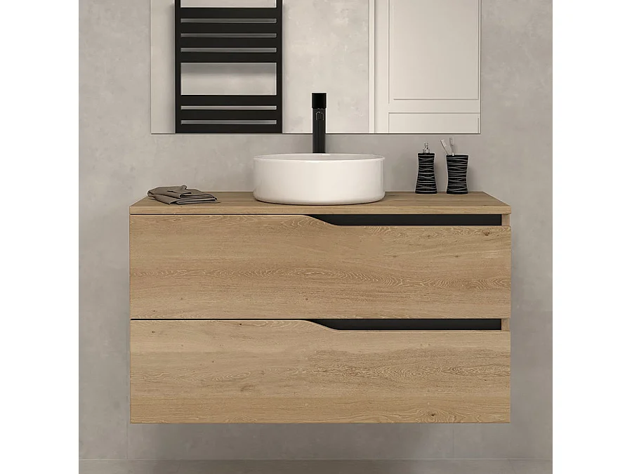Meuble de salle de bain 100 avec plateau et vasque à poser - sans miroir - 2 tiroirs - madera miel (bois clair) - LUNA