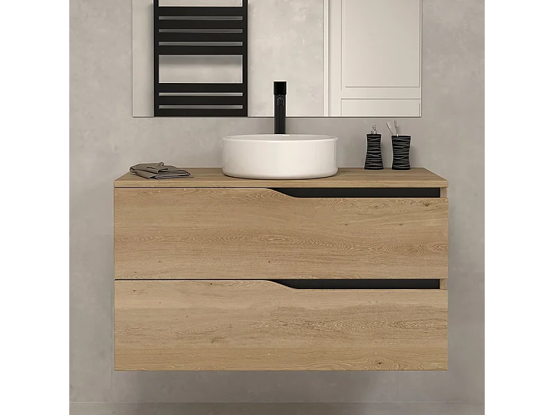 Meuble de salle de bain 100 avec plateau et vasque à poser - sans miroir - 2 tiroirs - madera miel (bois clair) - LUNA