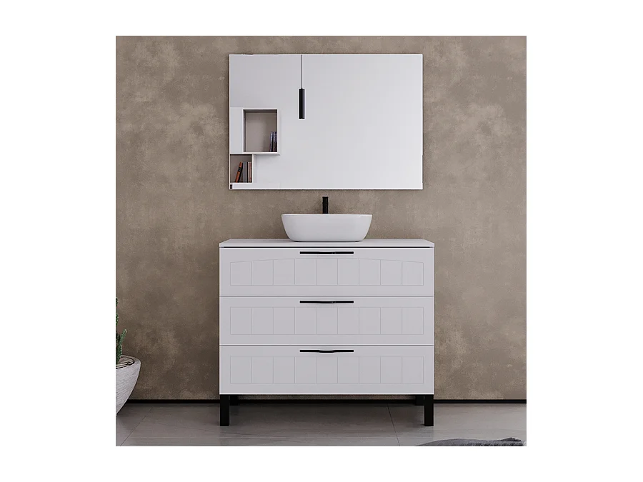 Meuble de salle de bain 90cm avec plateau et vasque à poser ovale - 3 tiroirs - blanc - CALA
