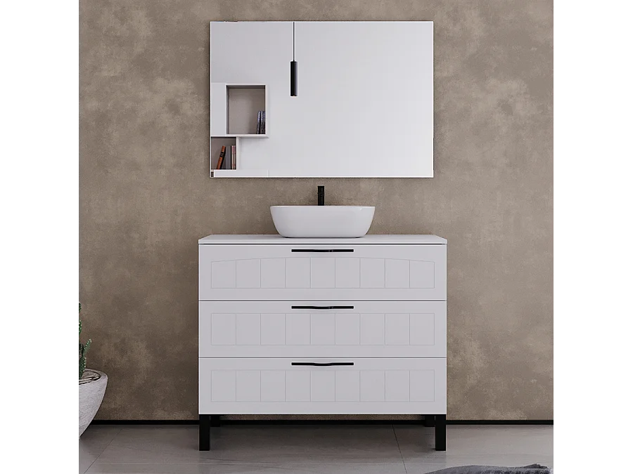 Meuble de salle de bain 90cm avec plateau et vasque à poser ovale - 3 tiroirs - blanc - CALA