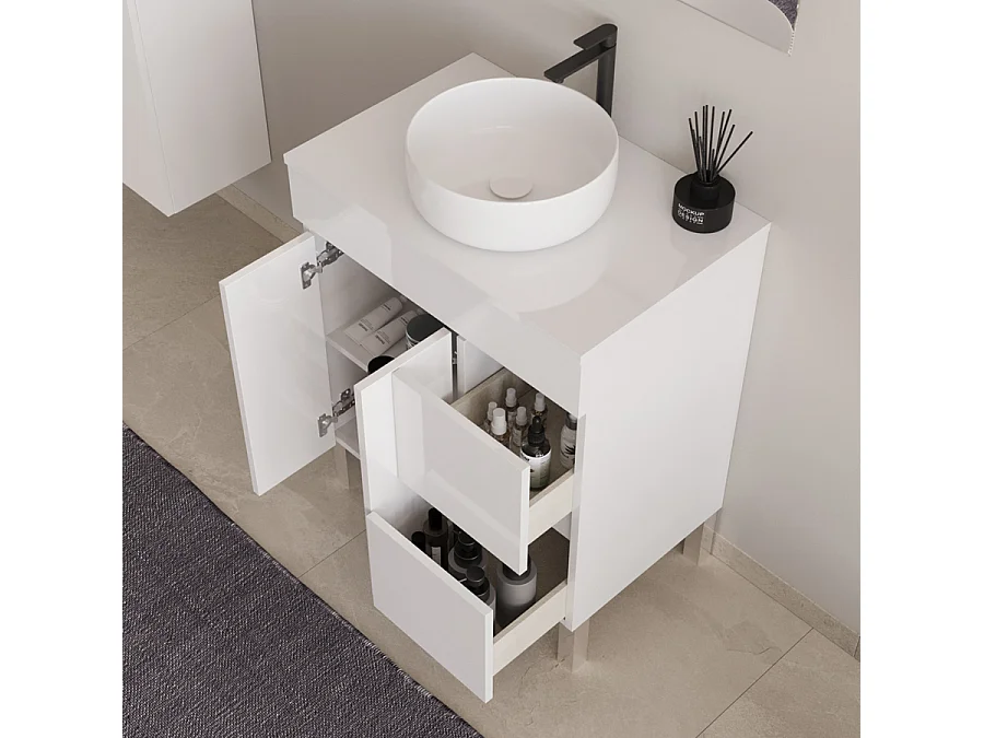 Meuble de salle de bain 80cm sur pieds avec plateau et une cuve à poser ronde - portes et tiroirs - blanc - HARO