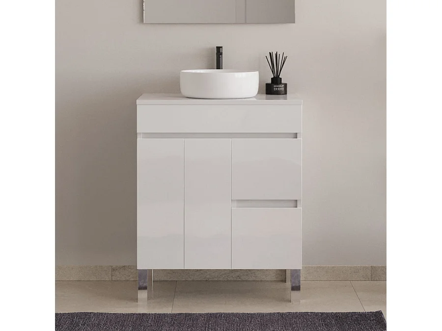 Meuble de salle de bain 80cm sur pieds avec plateau et une cuve à poser ronde - portes et tiroirs - blanc - HARO
