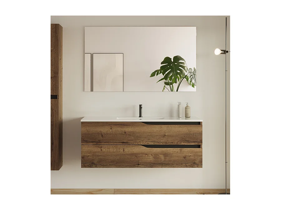 Meuble de salle de bain 120cm simple vasque - sans miroir - 2 tiroirs - tabaco (bois foncé) - LUNA