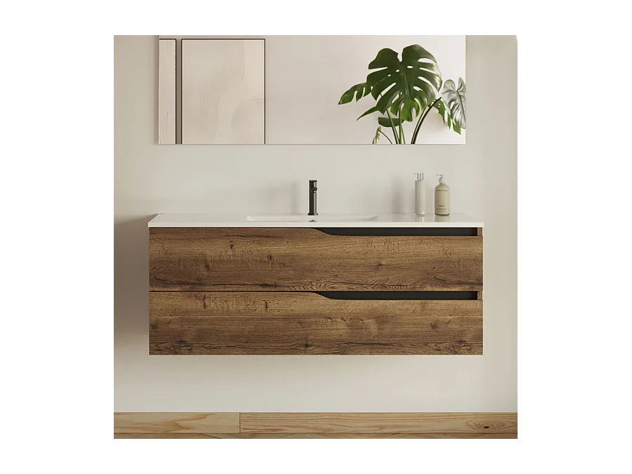 Meuble de salle de bain 120cm simple vasque - sans miroir - 2 tiroirs - tabaco (bois foncé) - LUNA