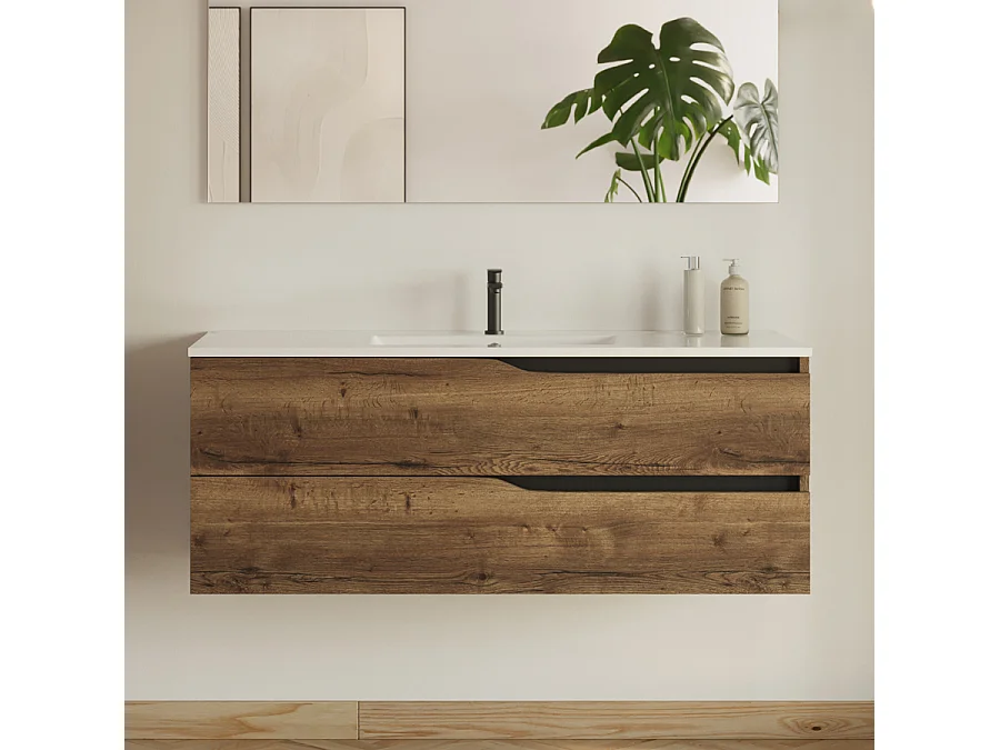 Meuble de salle de bain 120cm simple vasque - sans miroir - 2 tiroirs - tabaco (bois foncé) - LUNA