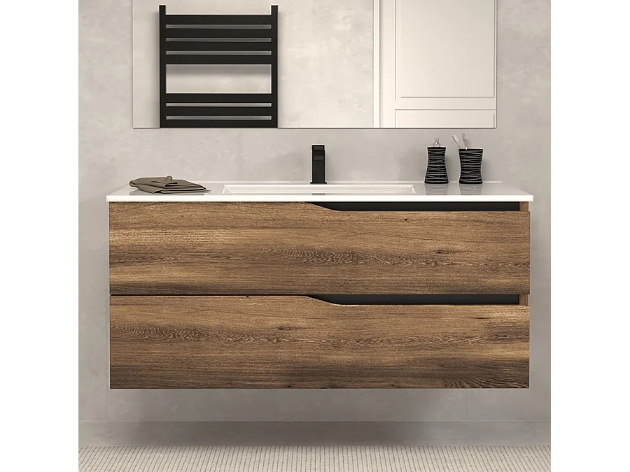 Meuble de salle de bain 120cm simple vasque - sans miroir - 2 tiroirs - tabaco (bois foncé) - LUNA