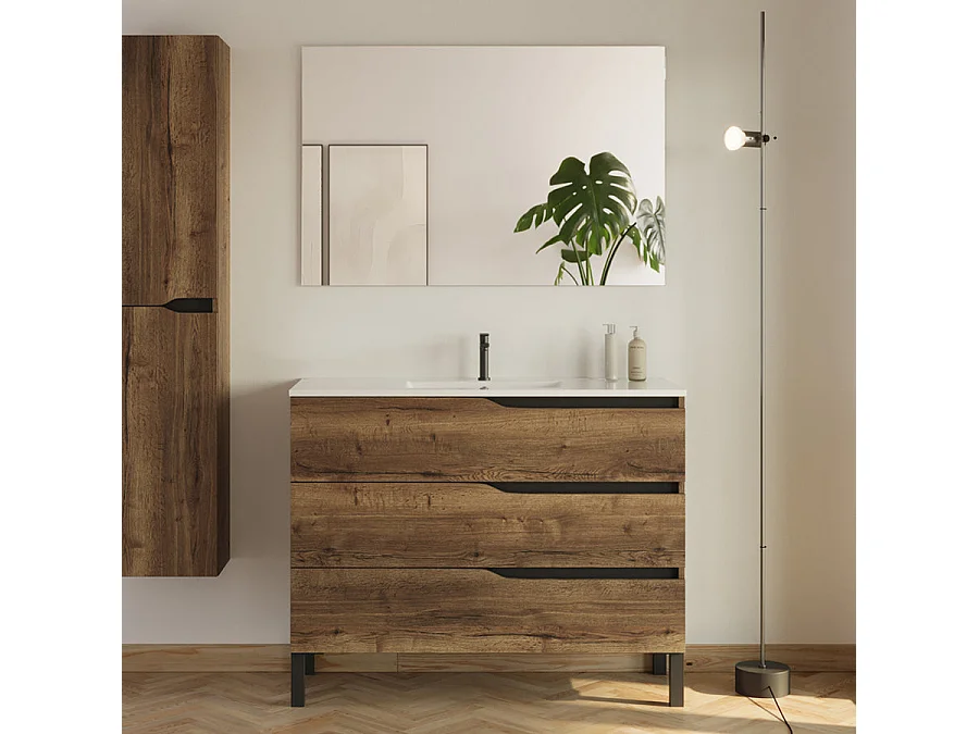 Meuble de salle de bain 100cm simple vasque - 3 tiroirs - tabaco (bois foncé) - MATA