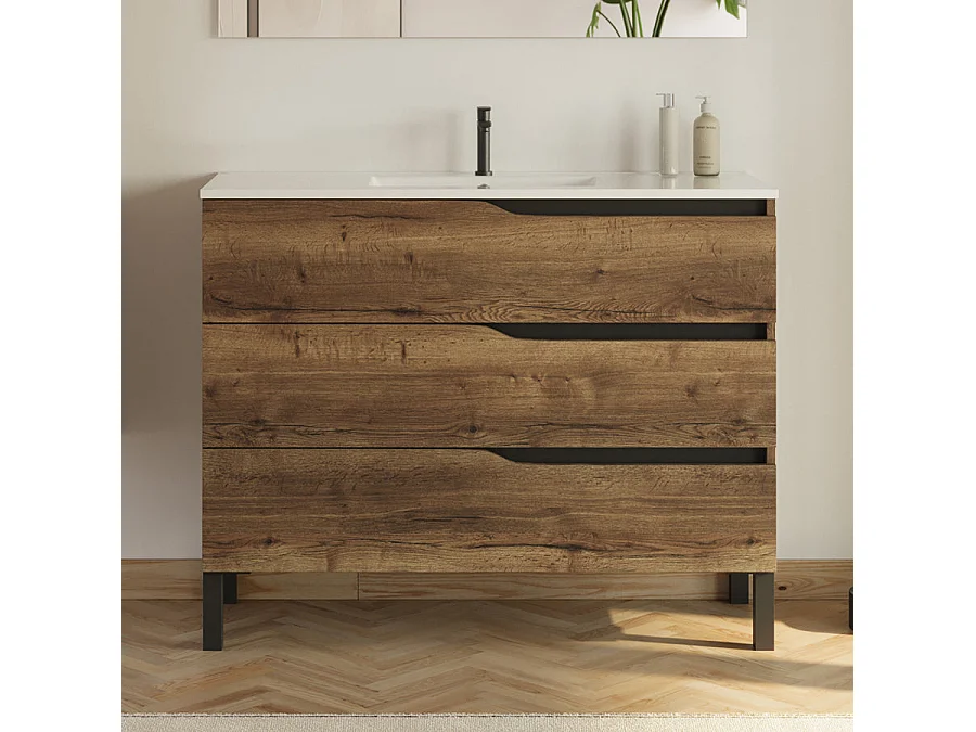 Meuble de salle de bain 100cm simple vasque - 3 tiroirs - tabaco (bois foncé) - MATA
