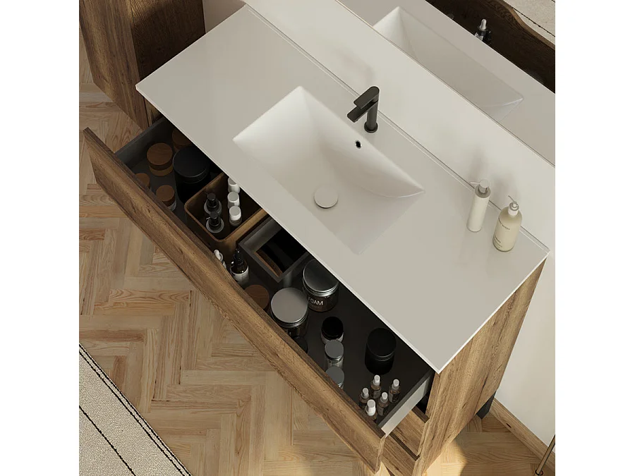Meuble de salle de bain 100cm simple vasque - 3 tiroirs - tabaco (bois foncé) - MATA