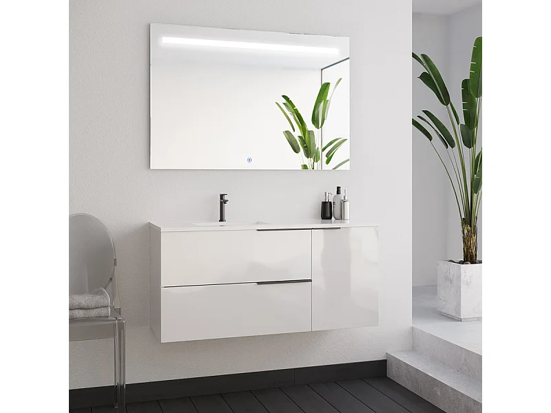 Meuble de salle de bain 100cm avec vasque déportée - blanc - KING et miroir STAM