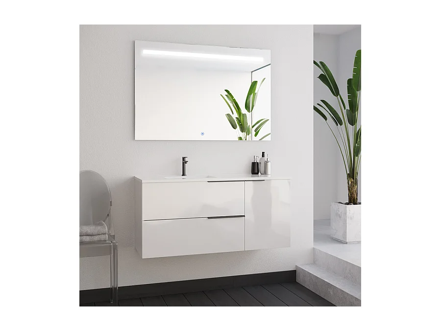 Meuble de salle de bain 100cm avec vasque déportée - blanc - KING et miroir STAM