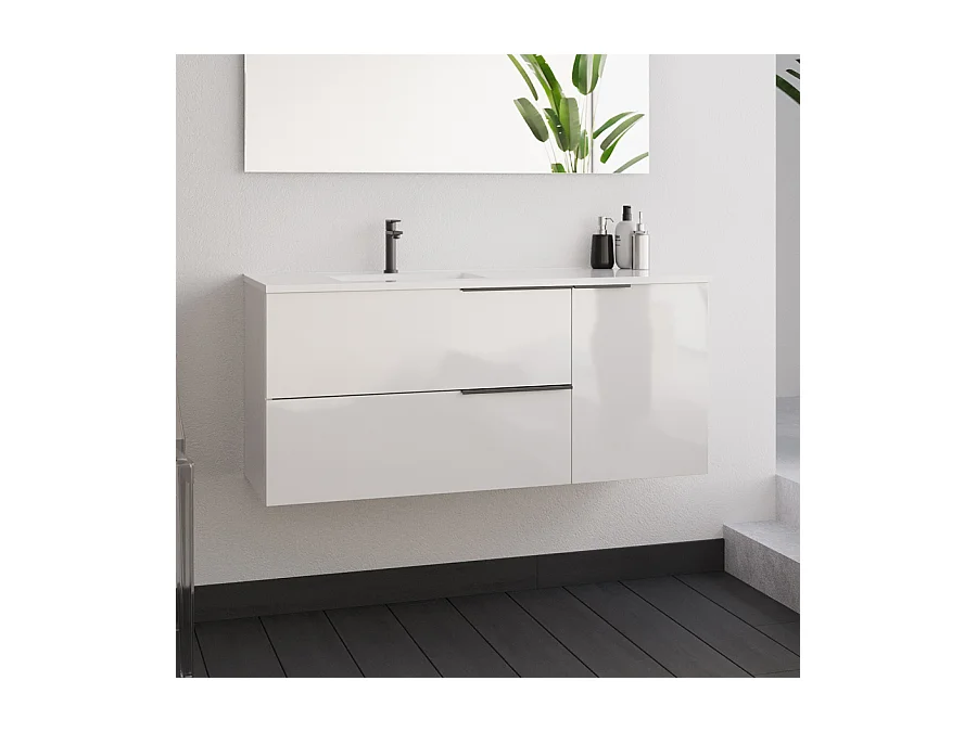 Meuble de salle de bain 100cm avec vasque déportée - blanc - KING et miroir STAM