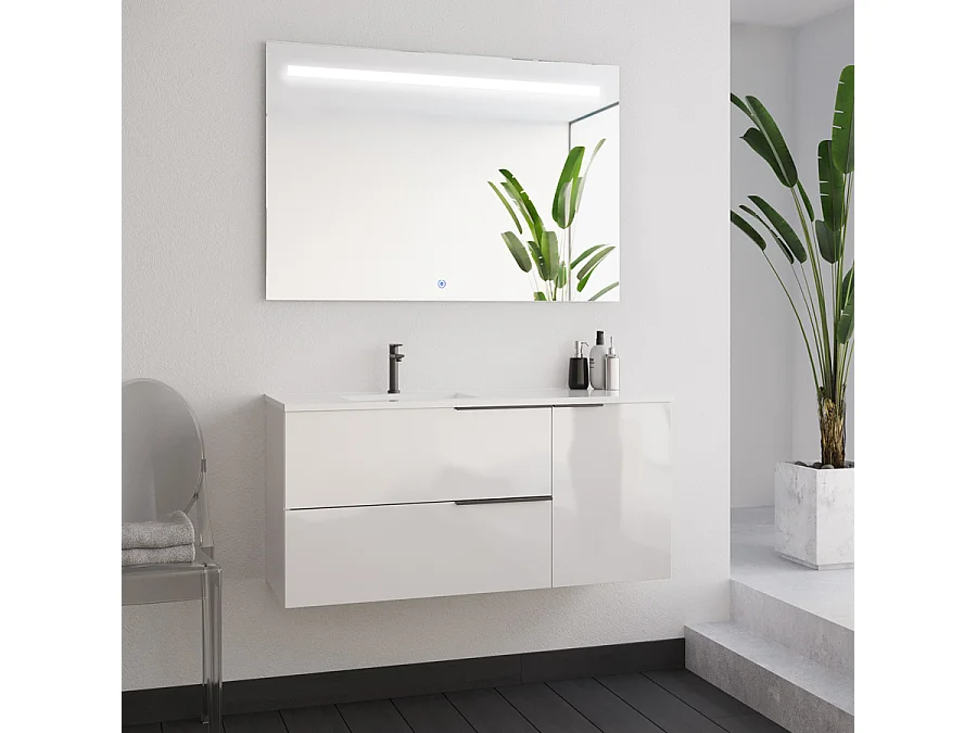 Meuble de salle de bain 100cm avec vasque déportée - blanc - KING et miroir STAM