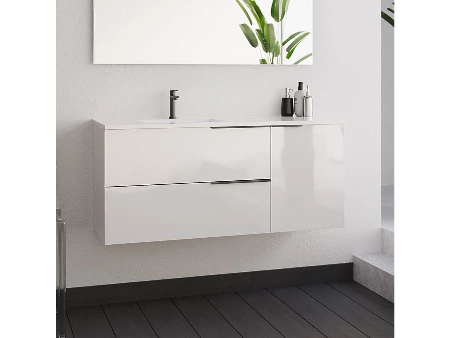 Meuble de salle de bain 100cm avec vasque déportée - blanc - KING et miroir STAM