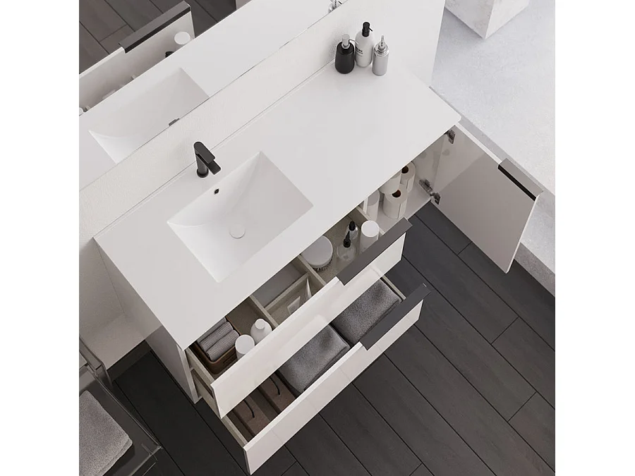 Meuble de salle de bain 100cm avec vasque déportée - blanc - KING et miroir STAM