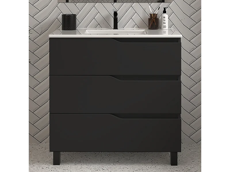 Meuble de salle de bain 80cm simple vasque - sans miroir - 3 tiroirs - noir - MATA