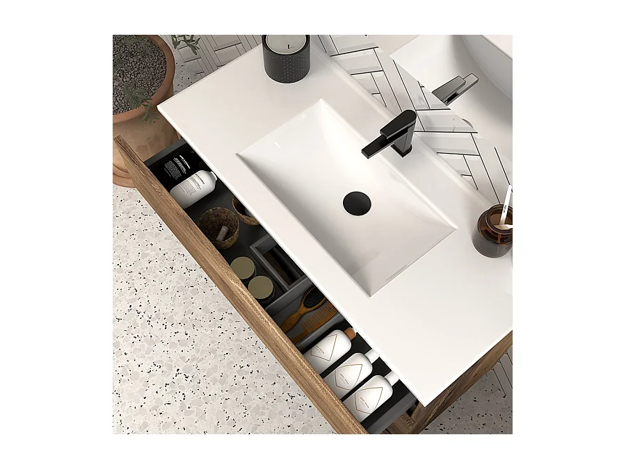 Meuble de salle de bain 80cm simple vasque - sans miroir - 3 tiroirs - noir - MATA