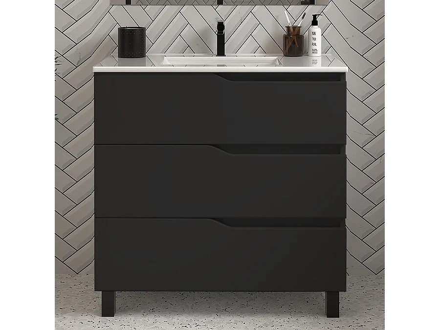 Meuble de salle de bain 80cm simple vasque - sans miroir - 3 tiroirs - noir - MATA