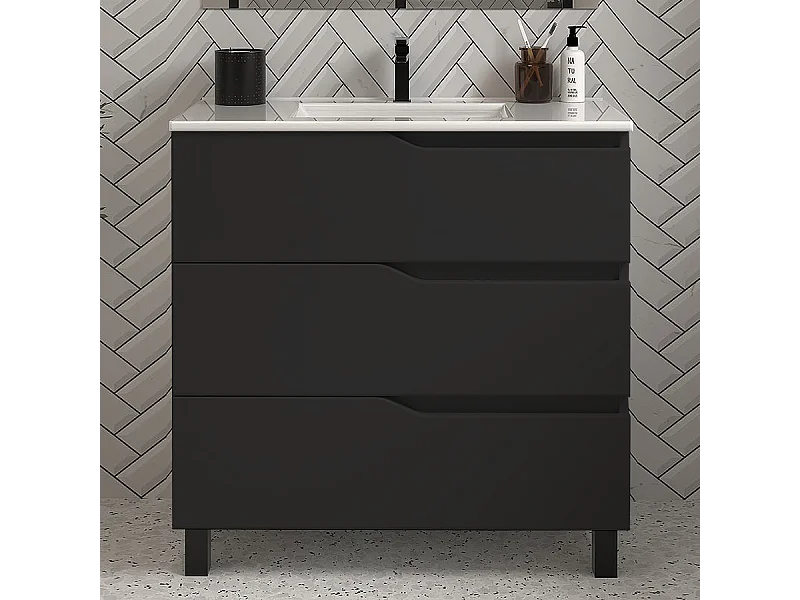 Meuble de salle de bain 80cm simple vasque - sans miroir - 3 tiroirs - noir - MATA