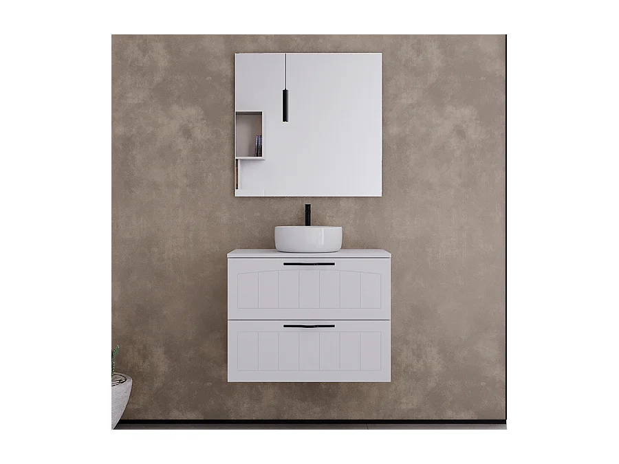 Meuble de salle de bain 60cm avec plateau et vasque à poser ronde - 2 tiroirs - blanc - PIA